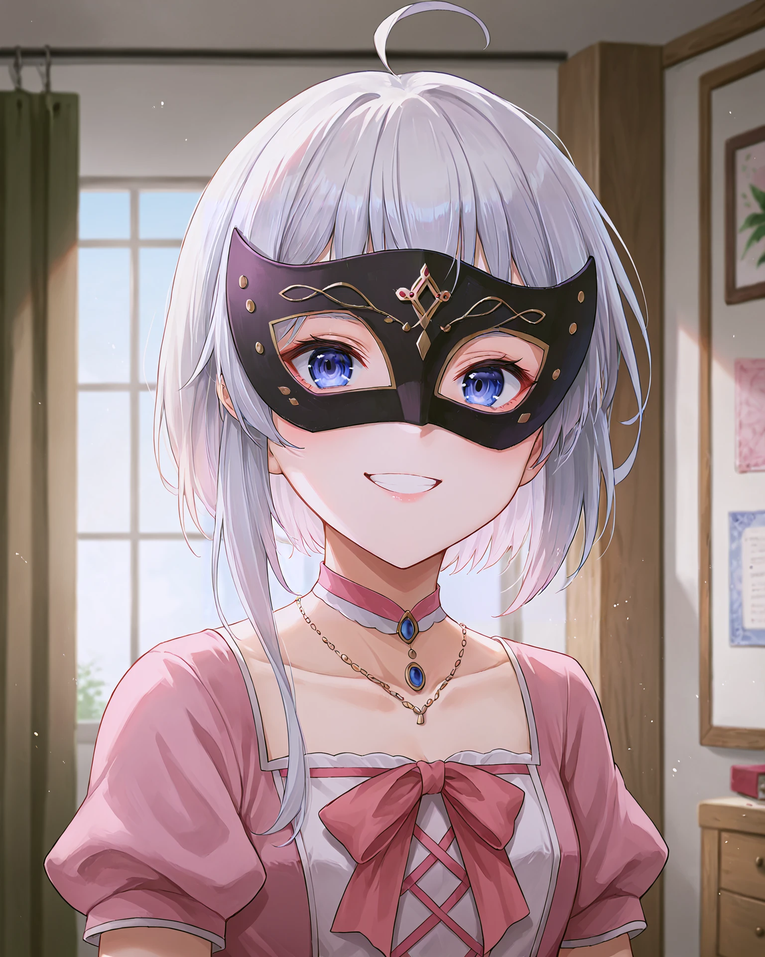 <lora:Majo_Elaina_XL:0.8> elaina, blue eyes, white hair, hair between eyes, long hair, bangs, ahoge, braid, single braid, hair bow, pink bow, jewelry, choker, pink choker, bow, ribbon, pink ribbon, gloves, pink gloves, elbow gloves, cutout, dress, pink dress, long dress, short sleeves, puffy short sleeves, upper body, masquerade mask, smile,, <lora:9_Detail_Tweaker_XL:0.8>, score_9, score_8_up, score_7_up, source_anime, masterpiece, best quality, highly detailed background, cinematic lighting, detailed eyes, perfect face,, lazy, teenager room, messy, bedroom, bed sheet, closet,