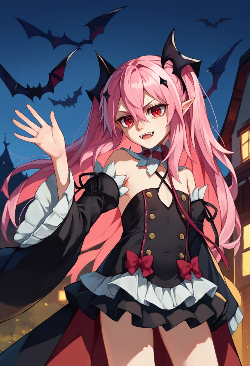 score_9, score_8_up, score_7_up, source anime, 1girl, Krul, two side up, pink hair, red eyes, pointy ears, hair ornament, detached sleeves, detached collar, black dress, black skirt, waist cape, outdoors, waving, bat, night, <lora:Krul Tepes2-000006:1>