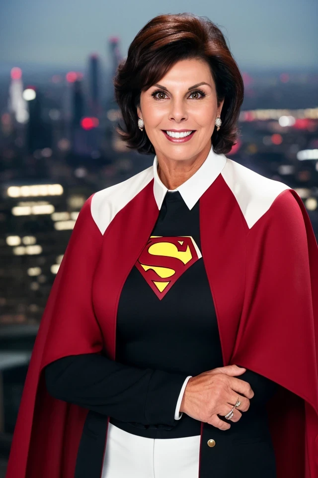 jacky rosen <lora:senate_056_jacky_rosen:0.65> , face closeup, face focus, shirt, formal, suit, collared shirt, white shirt, jacket,
Wearing a superhero costume with a giant "S" on the chest, flying above a city skyline with a cape flowing behind them,
best quality, masterpiece, HDR, professional, studio quality, highres,