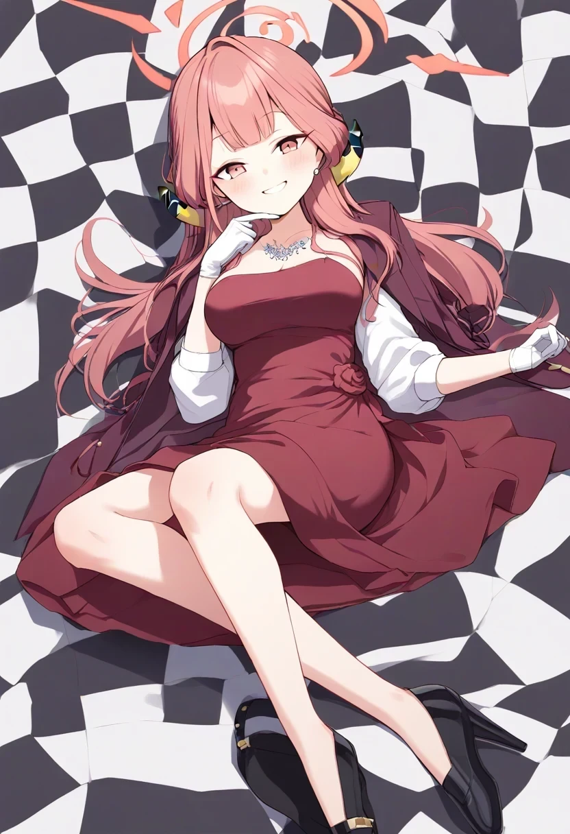 <lora:ps68_dress_pony:1>1girl, aru \(dress\) \(blue archive\), red dress, halo, simple background, checkered background, looking at viewer