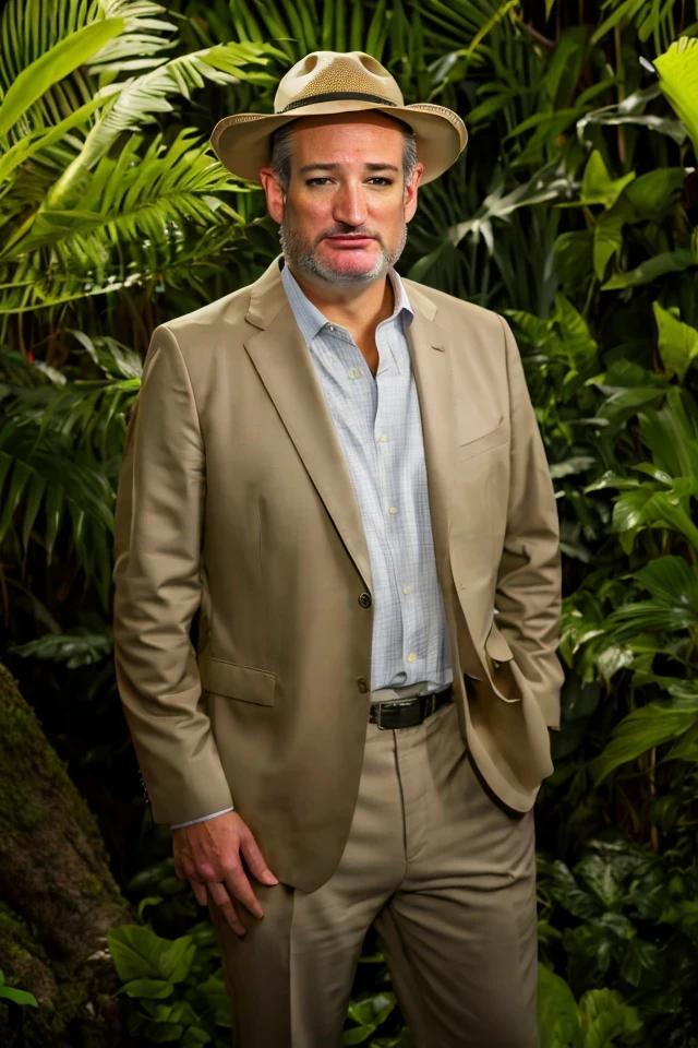 ted cruz <lora:senate_086_ted_cruz:0.65> , face closeup, face focus, shirt, formal, suit, collared shirt, white shirt, jacket,
Wearing a safari outfit with pith helmet, standing in a jungle setting,
best quality, masterpiece, HDR, professional, studio quality, highres,