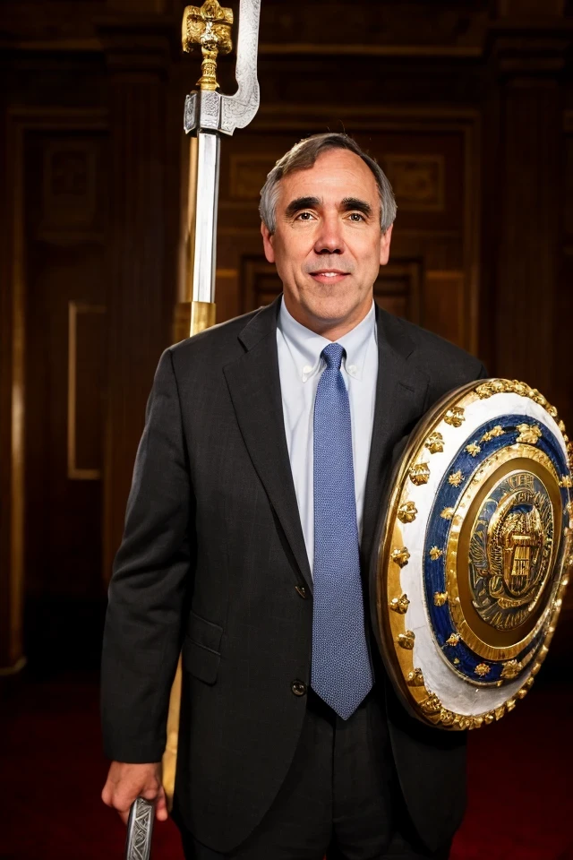 jeff merkley <lora:senate_074_jeff_merkley:0.65> , face closeup, face focus, shirt, formal, suit, collared shirt, white shirt, jacket,
Wearing gladiator armor, standing in a Roman-style coliseum, holding a sword and shield with the Senate emblem on it,
best quality, masterpiece, HDR, professional, studio quality, highres,