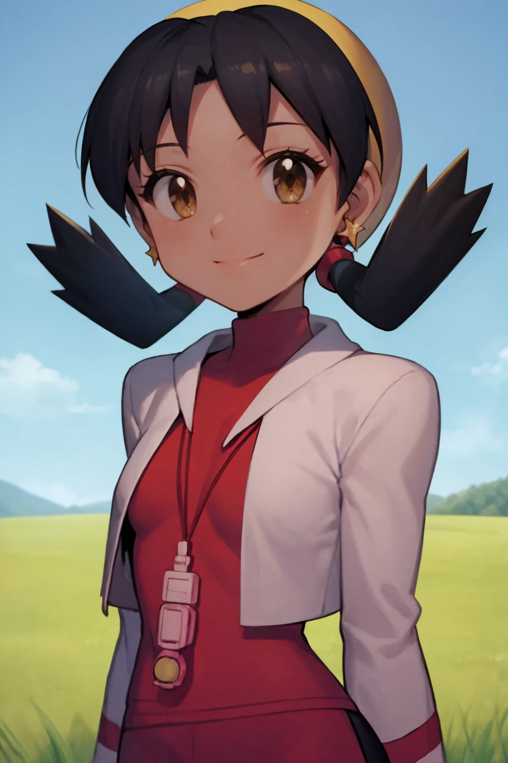 masterpiece, best quality,
1girl, kris \(pokemon\),  black hair, twintails, brown eyes, bangs, hat, cropped jacket, earrings, long sleeves, open jacket, shirt,
arms behind back, upper body, smile, solo, looking at viewer, grass, blue sky, meadow background    <lora:Crystal:1>