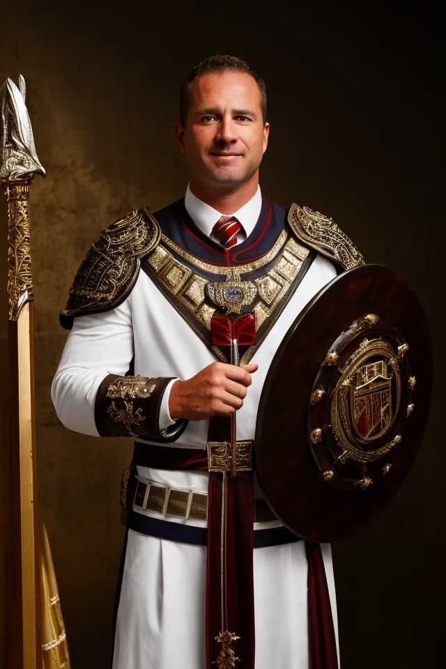 eric schmitt <lora:senate_050_eric_schmitt:0.65> , face closeup, face focus, shirt, formal, suit, collared shirt, white shirt, jacket,
Wearing gladiator armor, standing in a Roman-style coliseum, holding a sword and shield with the Senate emblem on it,
best quality, masterpiece, HDR, professional, studio quality, highres,
