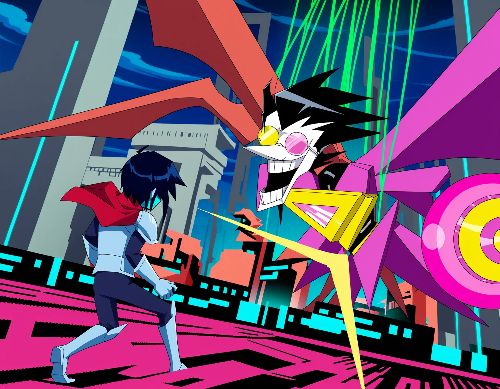 (Regional prompt) LEFT SIDE:
darkkris, red cape, anime style, 2boys, night, cyberworld, battle, building, outdoors, glowing, black hair, masterpiece, best quality
RIGHT SIDE: 
spamtonneo, anime style, attack, glasses, 2boys, hands, legs, big, wings, cabels, controlled, laughing, cgi, night, black hair, cyberworld, boss battle, building, outdoors, glowing, strings, masterpiece, best quality