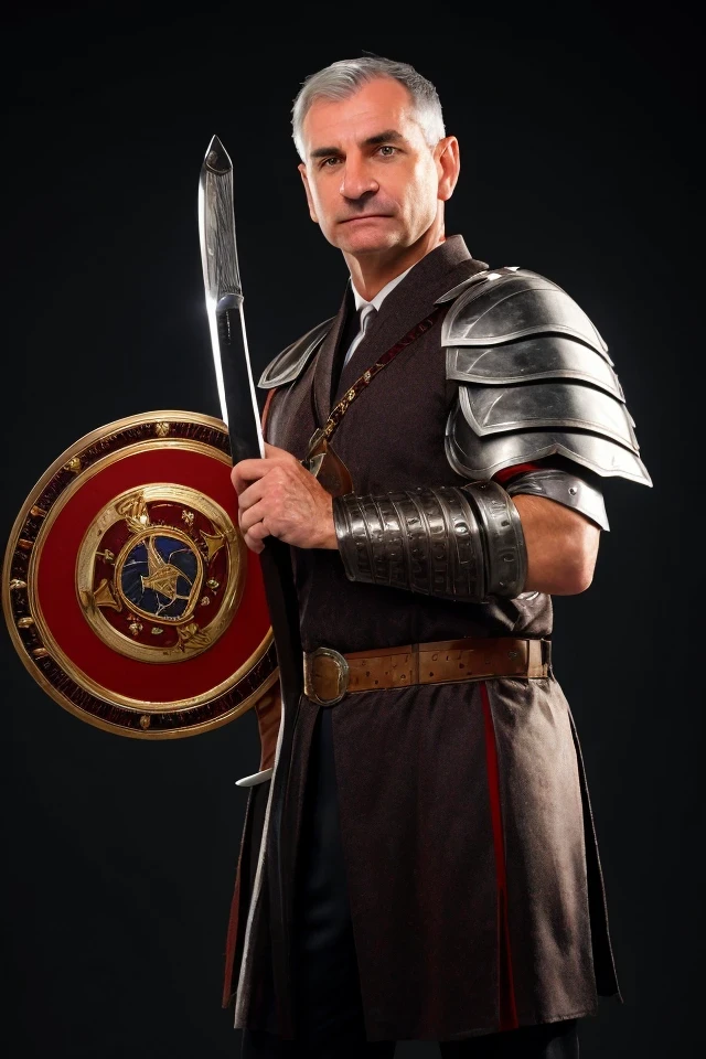 jack reed <lora:senate_077_jack_reed:0.65> , face closeup, face focus, shirt, formal, suit, collared shirt, white shirt, jacket,
Wearing gladiator armor, standing in a Roman-style coliseum, holding a sword and shield with the Senate emblem on it,
best quality, masterpiece, HDR, professional, studio quality, highres,