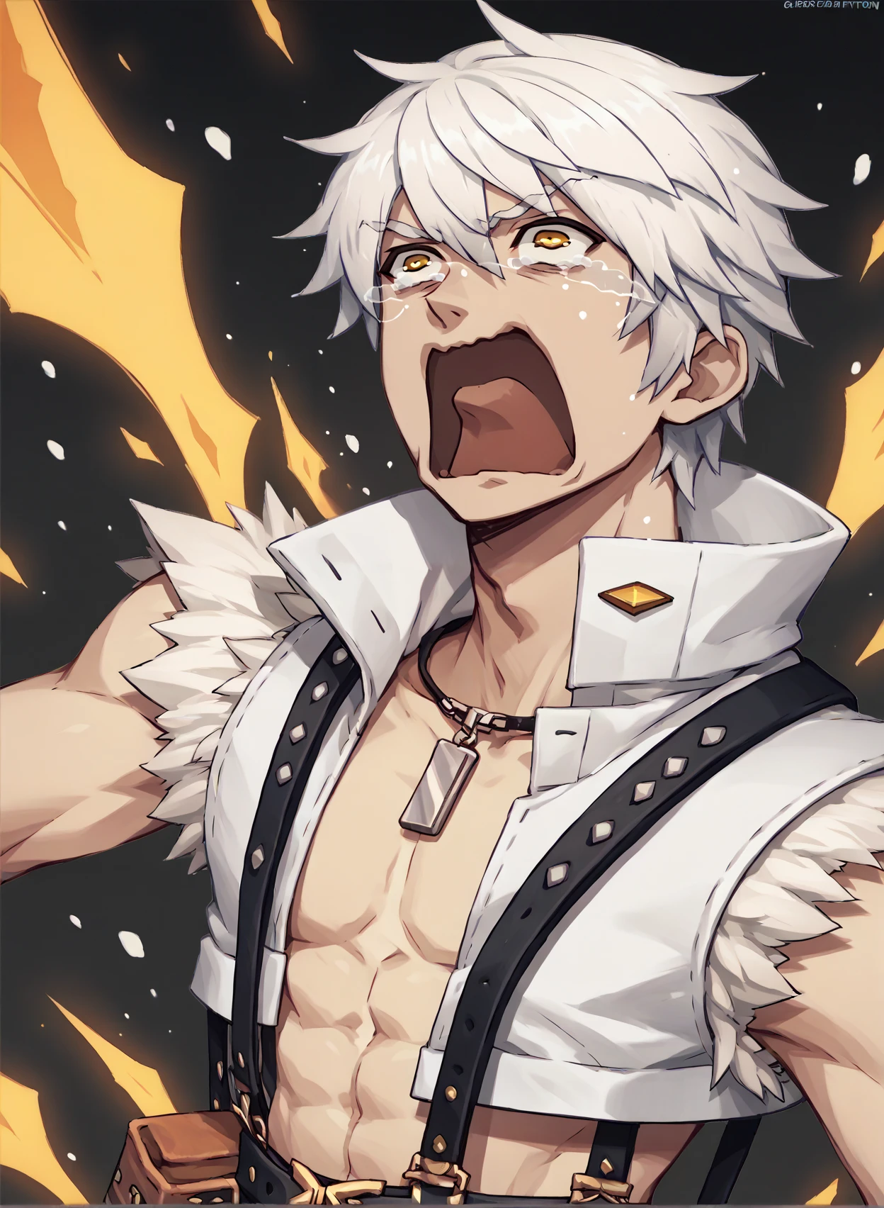 score_9, score_8_up, score_7_up, source_anime, 1boy,  solo, whitesmith-ro, open clothes, fur trimmed shirt, belt, suspenders, sleeveless, white hair, yellow eyes, <lora:whitesmith-pdxl-lora:1>,   upper body, aquascreaming, screaming, open mouth, crying with eyes open <lora:concept_aquascreaming_ponyXL:1>