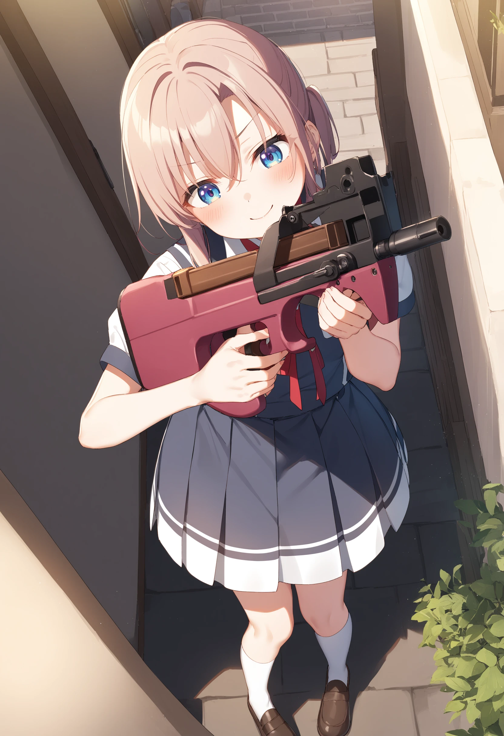 1girl,sincos, ningen mame, toosaka asagi,solo,medium breasts,school uniform,
P90, weapon, submachine gun, holding gun, aiming, <lora:P90_XL_v1:0.7>
from above, panorama shot, looking down, teasing smile, courtyard, closed mouth,
best quality, very aesthetic, absurdres,