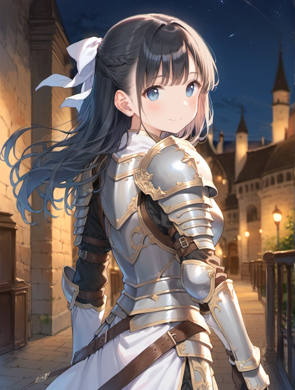 score_9, score_8_up, score_7_up,source_anime,BREAK uncensored,1girl,solo,cowboy shot, scenery, fantasy,night, armour,Castle, armor, black hair, blue eyes, blurry, blurry background, closed mouth, depth of field, floating hair, from behind, hair ribbon, long hair, looking at viewer, looking back, outdoors, ribbon, sky, smile, standing, star \(sky\), starry sky