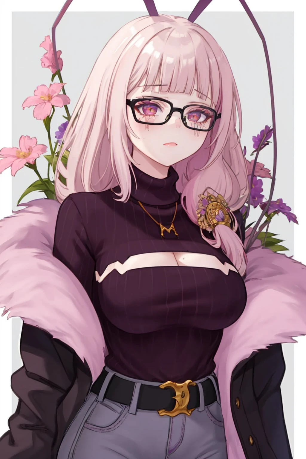 masterpiece, best quality, 1girl,  <lora:spmatarakan15:1> matarakanswt, arthropod girl, necklace, ribbed sweater, purple sweater, cleavage, cleavage cutout, grey pants, black belt, glasses, border, flower, instrument, music, outside border, pink flower, purple flower, twitter username, upper body, white background