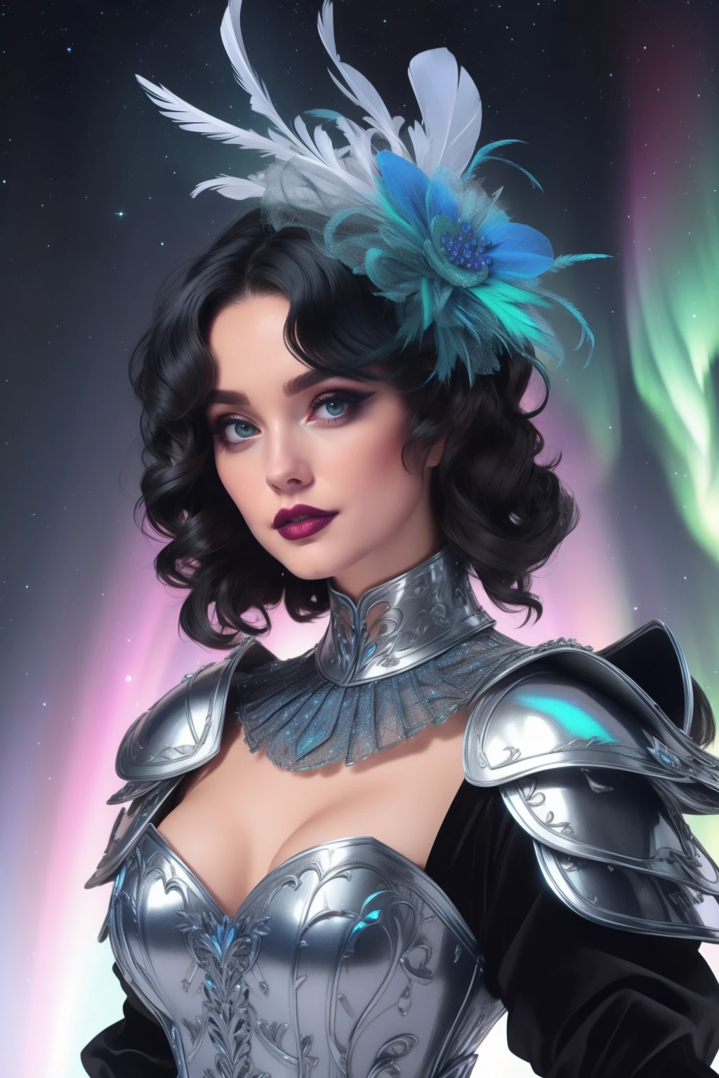 beautiful adult woman, <lora:FA-44:0.75>,mesh:1.1 fascinator, Artoria Pendragon: Short blond hair, (blue and silver themed) armor, medieval English fashion eyeliner, eyeshadow, makeup, iridescent lips (black hair, honey hair, multicolored hair) __hairstyle__ portrait, cleavage, high quality, best quality, high detail, 8k resolution,  hair feather Aurora Village, Finnish Lapland, Northern Lights,