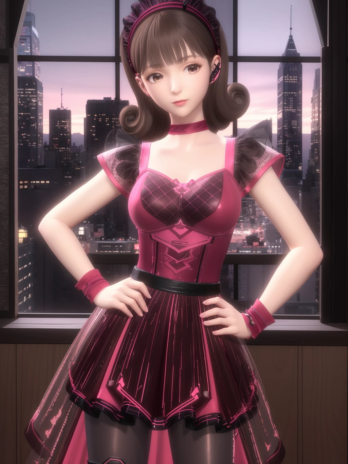 SYNNliexinzhiling, 1girl, solo, brown hair, dress,hairband, pantyhose, brown eyes, choker,short hair,wrist cuffs,boots, <lora:SYNNliexinzhiling:0.75>,cityscape,night,indoors, window,  hand on hip, see-through, looking at viewer, curly hair,