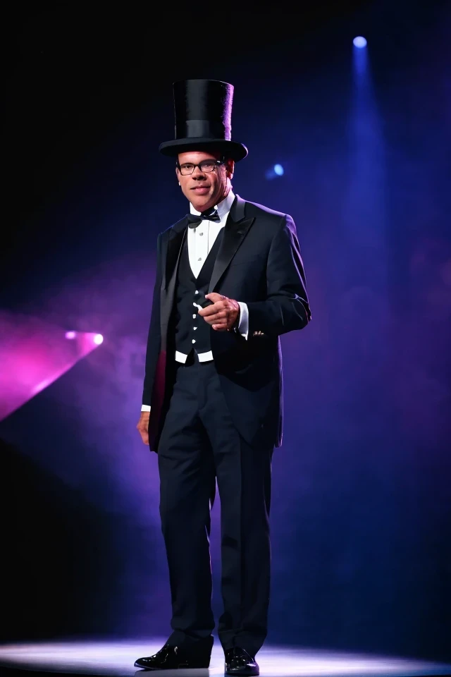 mike braun <lora:senate_028_mike_braun:0.65> , face closeup, face focus, shirt, formal, suit, collared shirt, white shirt, jacket,
Dressed in a magician's outfit with a top hat, standing in front of a stage, rabbit out of a hat,
best quality, masterpiece, HDR, professional, studio quality, highres,