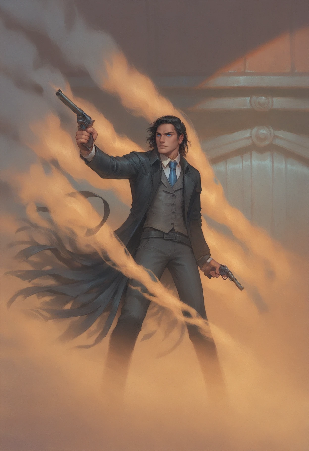 score_9_up, score_8_up, score_7_up, waxillium, (tasselled coat:1.2), 1boy, long black hair, blue eyes, gun, necktie, white smoke, city, <lora:Waxillium_Ladrian_-_Mistborn_Era_2_Pony:0.7>