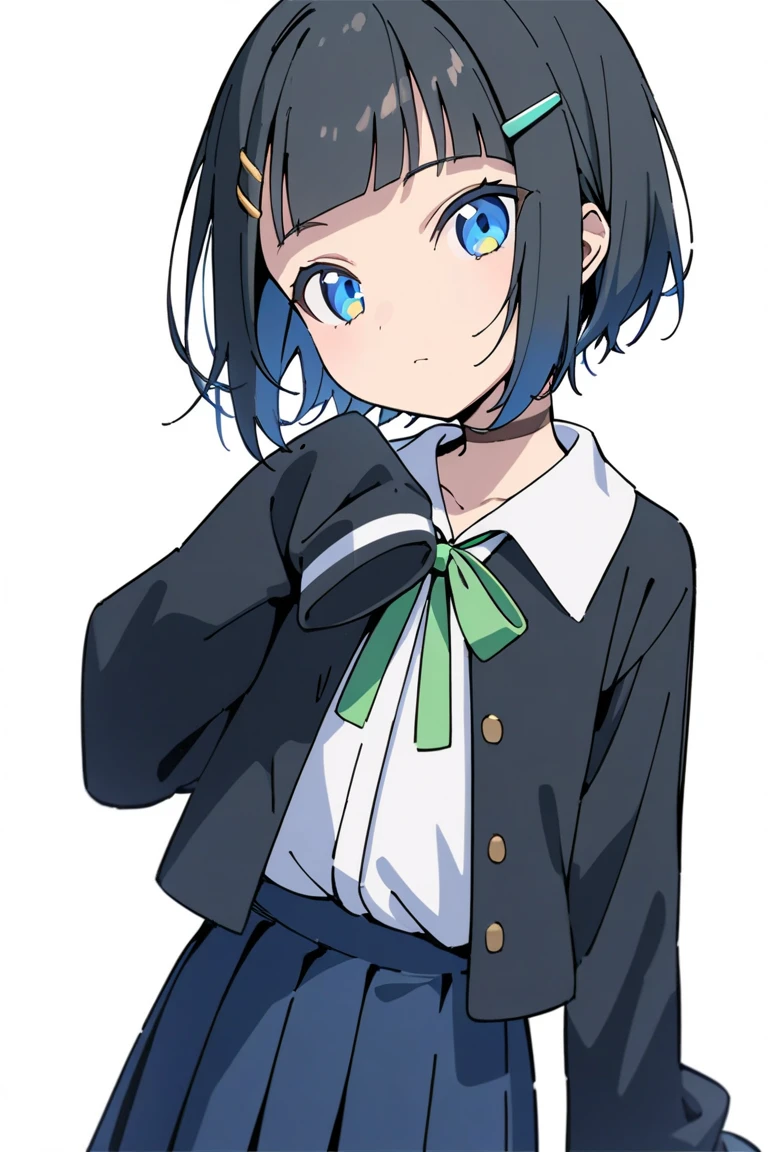 1girl, solo, blue eyes, short hair, white background, skirt, looking at viewer, choker, simple background, sleeves past wrists, black hair, shirt, hair ornament, jacket, hairclip, long sleeves, bangs, closed mouth, pleated skirt, white shirt, black jacket, blue skirt, school uniform, green ribbon, blunt bangs, ribbon, masterpiece, best quality,
<lora:shinonome akira A31 e1:0.95>