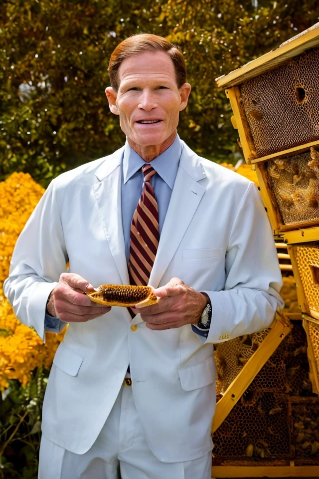 richard blumenthal <lora:senate_013_richard_blumenthal:0.65> , face closeup, face focus, shirt, formal, suit, collared shirt, white shirt, jacket,
Wearing a beekeeper suit, standing in an apiary with bee hives around, holding a giant honeycomb, "Honey Pot Funds",
best quality, masterpiece, HDR, professional, studio quality, highres,