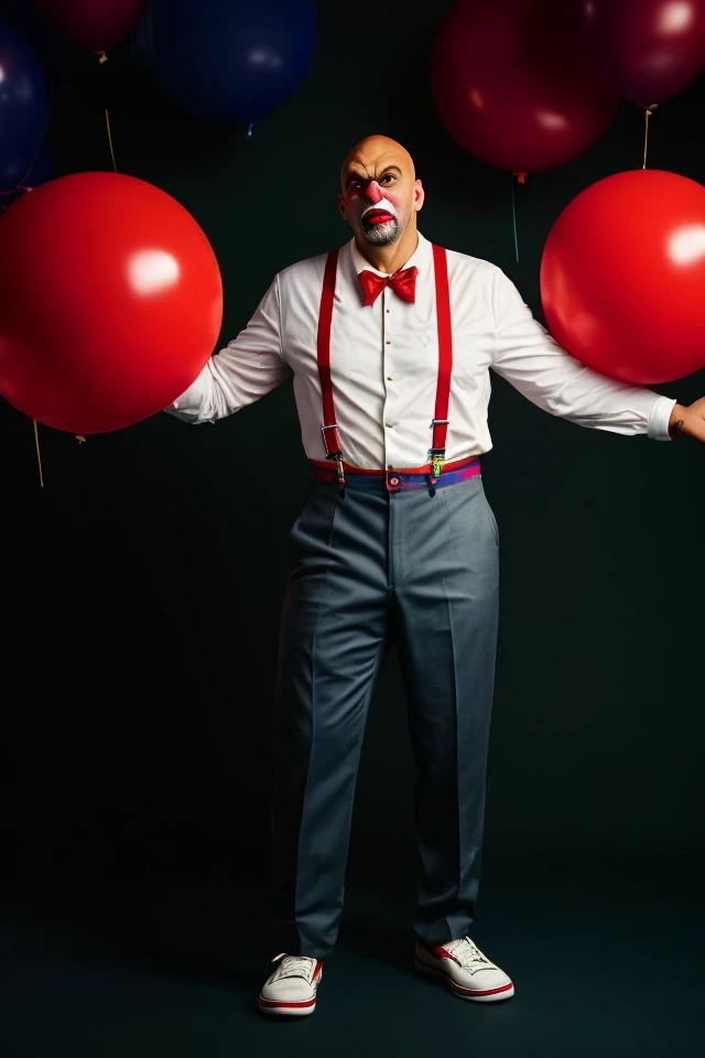 john fetterman <lora:senate_076_john_fetterman:0.65> , face closeup, face focus, shirt, formal, suit, collared shirt, white shirt, jacket,
Dressed in full clown regalia, with a red nose, oversized shoes, and rainbow suspenders, juggling several large balls,
best quality, masterpiece, HDR, professional, studio quality, highres,