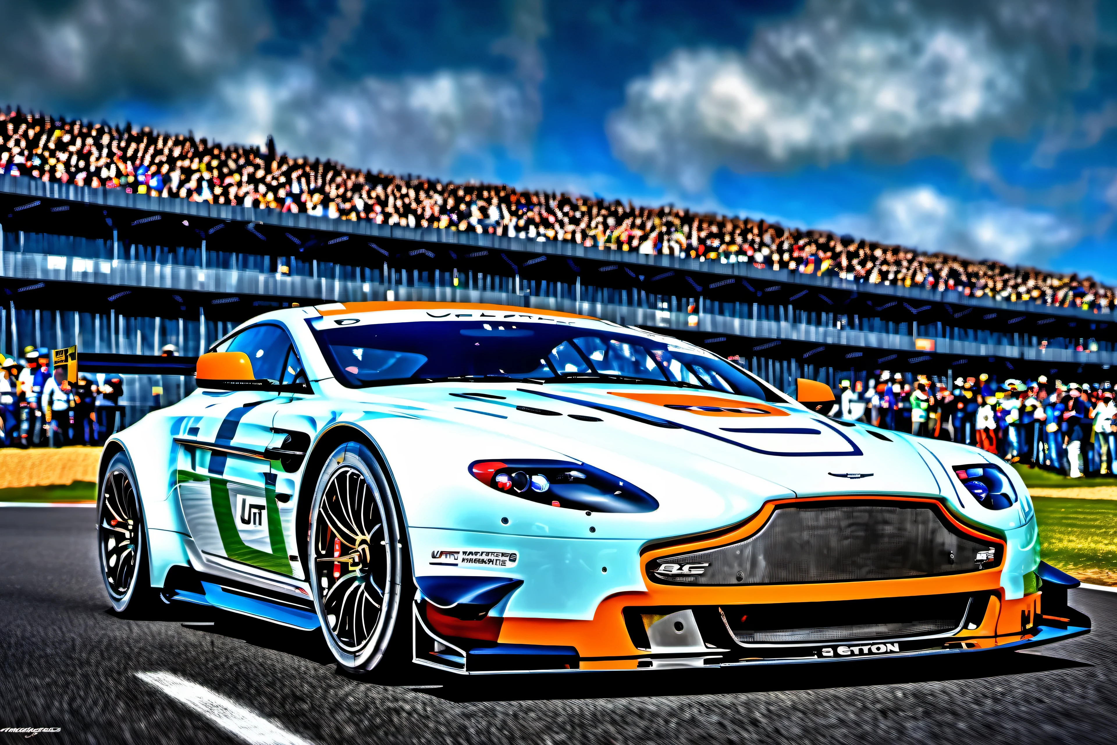 masterpiece, best quality, aston martin, V8 Vantage GT2, le mans race track, in motion, full specular sharpened 3D, HDR, UHD, vivid colors, occlusion, masterpiece, panorama, super detail, accurate, best quality, 16K, ultra-super quality, ultra-photo realistic detail, utltra-high nanite atmospheric lighting, ultra-high detailed reflections, very far shot, ultra-wide angle, 4D composite mapping, ultra-high 3D depth mapping quality, ultra-high render quality, OLED, dynamic rich shadows, ultra-high realistic graphics, HDR, (very far shot), ultra-high background detail, god rays, backlighting