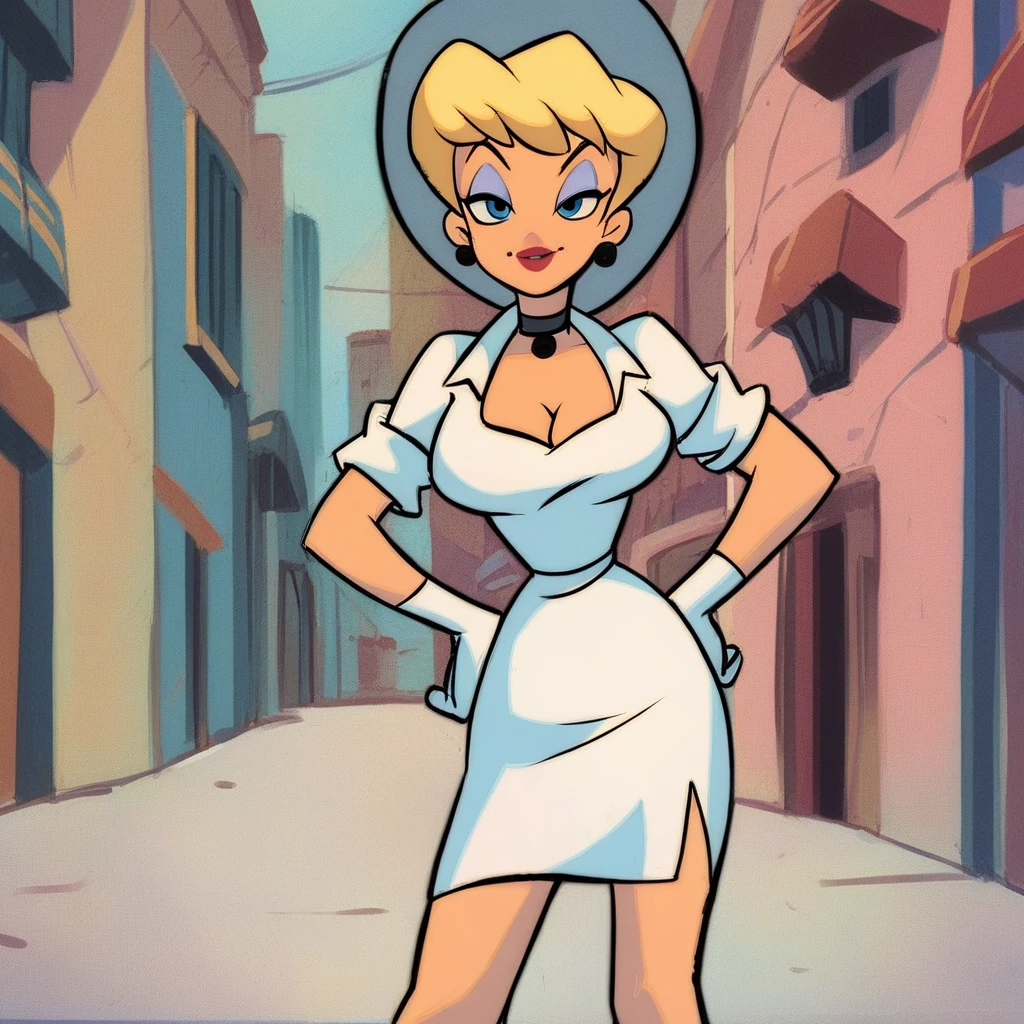 score_9, score_8_up, score_7_up, score_6_up, score_5_up, score_4_up, (Source cartoon), (rating safe),<lora:HelloNurseXL:1>, hello nurse, 1girl, solo, breasts, smile, short hair, blue eyes, gloves, hat, dress, cleavage, jewelry, earrings, choker, white gloves, bag, makeup, lipstick, eyeshadow, hands on hips, blonde hair