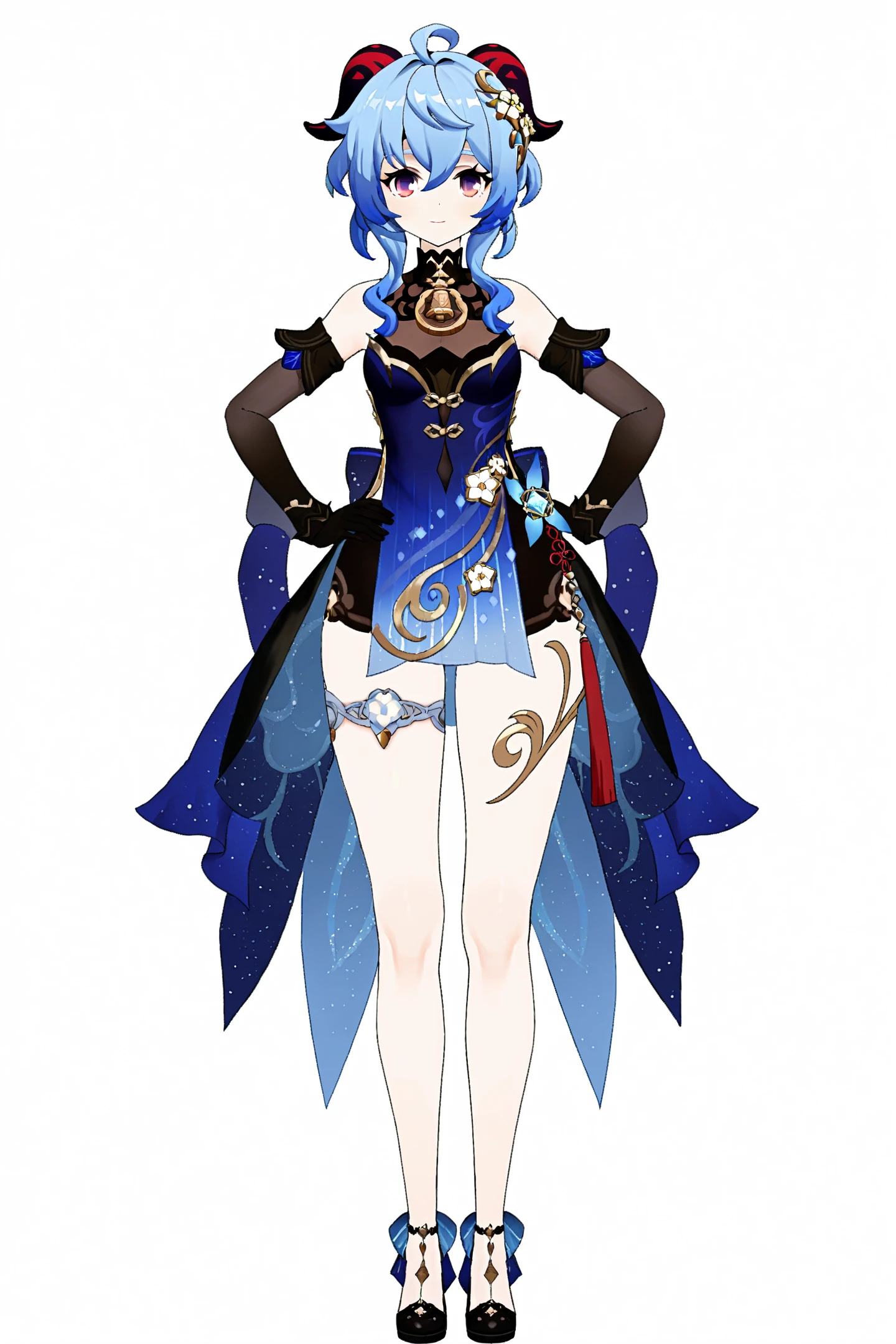 score_9, score_8_up, score_7_up, score_6_up,
8k, best quality, masterpiece, (ultra-detailed:1.1), (high detailed skin),
(full body:1.4), white background, standing, looking at viewer, (solo:1.4), hand on hip,
<lora:ganshenxian-A3-Tanger-000013:0.8>, ganyu \(genshin impact\), Ganyu's new year's clothes, 1girl, gloves, horns, ahoge, purple eyes, blue hair, looking at viewer, full body, black gloves, elbow gloves,
(white background, simple background:1.3),
(beautiful_face), ((intricate_detail)), clear face,
((finely_detailed)), fine_fabric_emphasis,
((glossy)), full_shot,