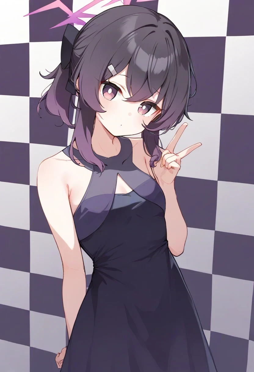 <lora:ps68_dress_pony:1>1girl, haruka \(dress\) \(blue archive\), purple dress, cowboy shot, looking at viewer, simple background, checkered background