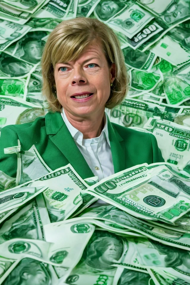 tammy baldwin <lora:senate_098_tammy_baldwin:0.65> , face closeup, face focus, shirt, formal, suit, collared shirt, white shirt, jacket,
green suit, dollars, money, bills, green banknotes flying,
best quality, masterpiece, HDR, professional, studio quality, highres,