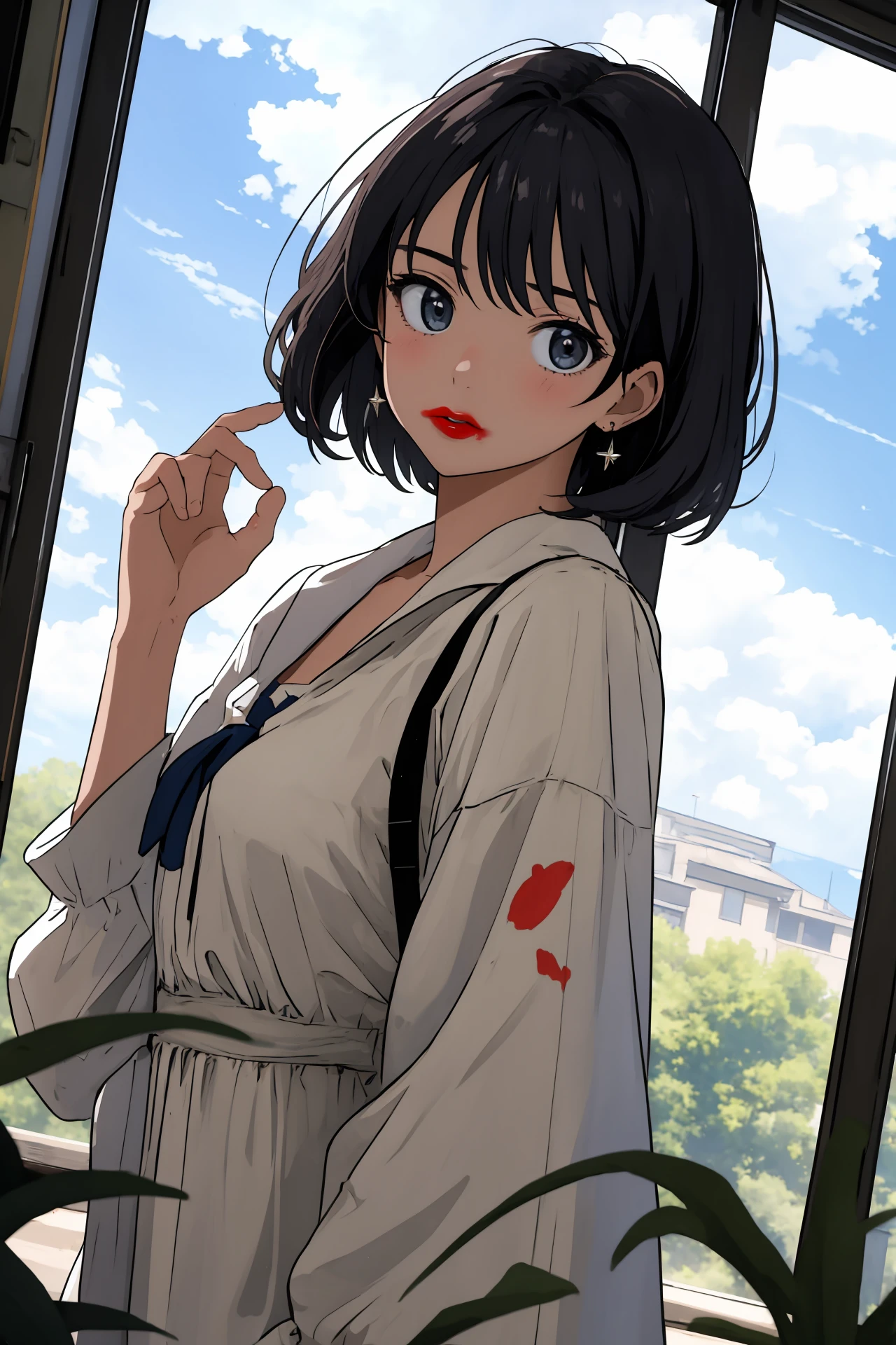 (best quality, masterpiece, highres),1girl,solo,face close-up,hair intakes,hand up,dynamic_angle,window,sky,cloud,looking at viewer,
<lora:smeared lipstick_bx-v1.02:1>,smeared lipstick,