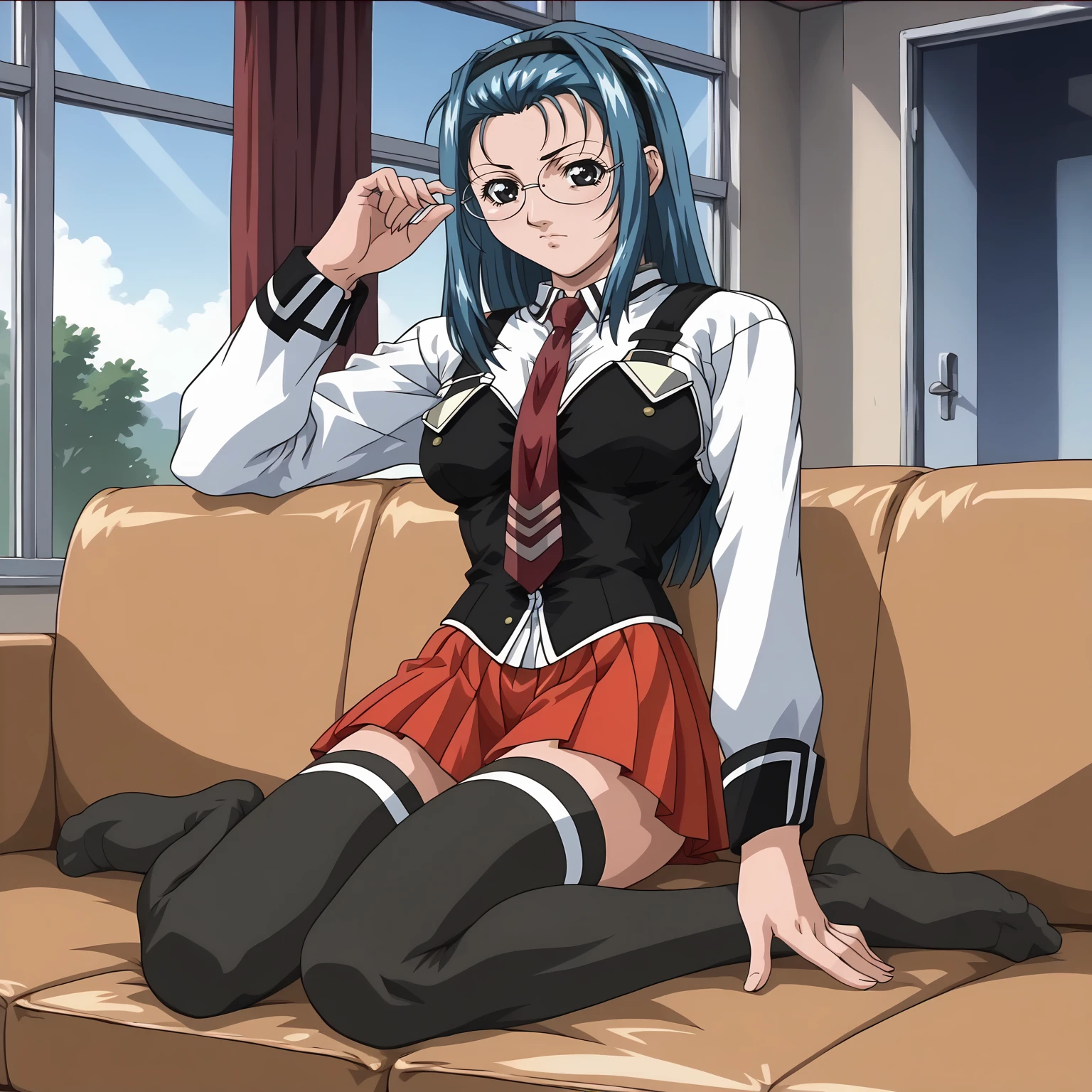 <lora:JunkoMochidaXLpony001>,
solo,
JunkoMochida,1girl,blue hair,hair band,black eyes,eyewear,
school uniform,white shirt,strap,vest,red tie,
red skirt,
thighhighs,
full body,sitting,sofa,