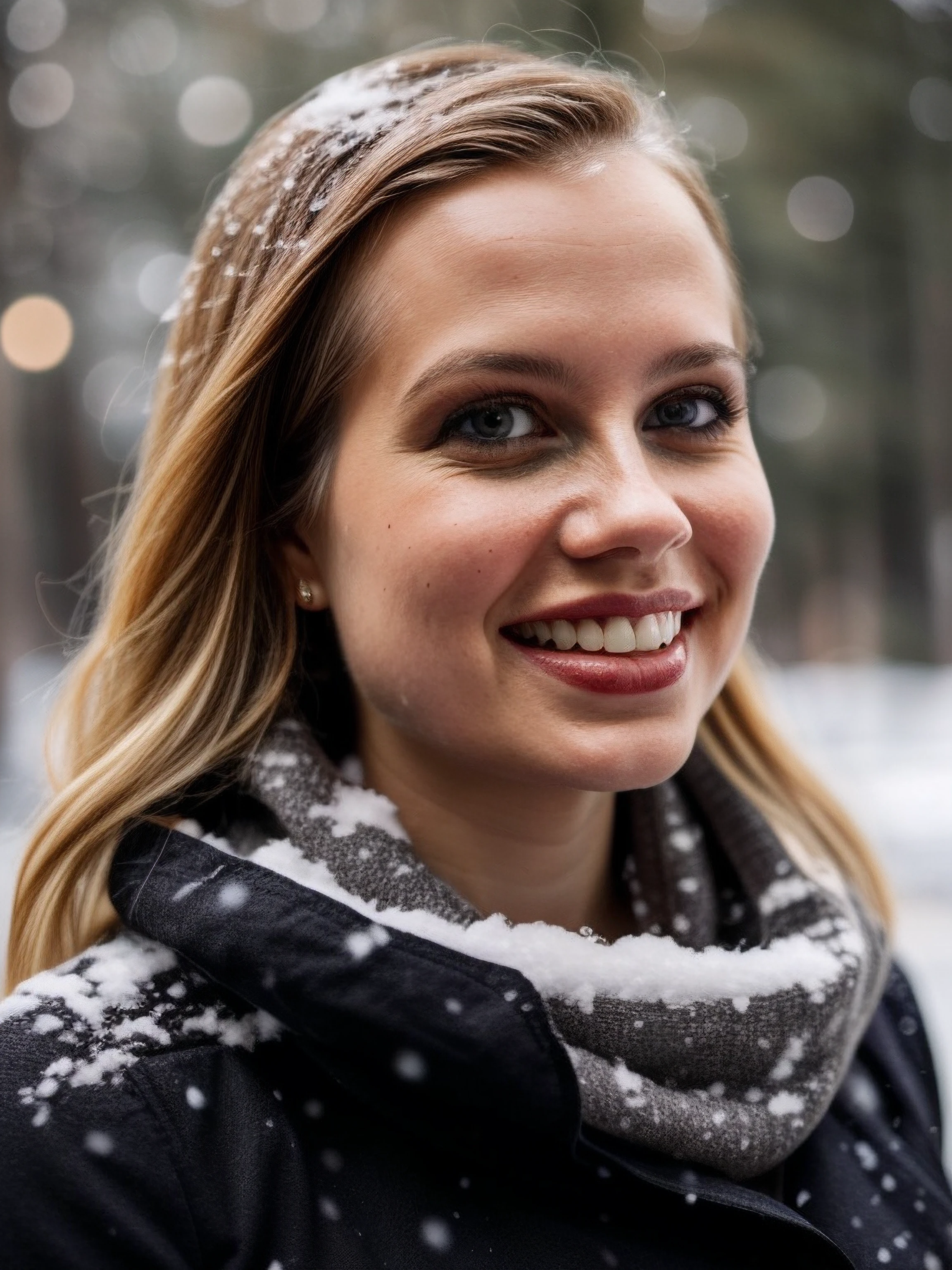 angourr, masterpiece photograph, parted lips, teeth, dramatic makeup, portrait, face focus, 8k, masterpiece, skin details, ((((bokeh snow background)))), winter coat, scarf, smile, blonde hair