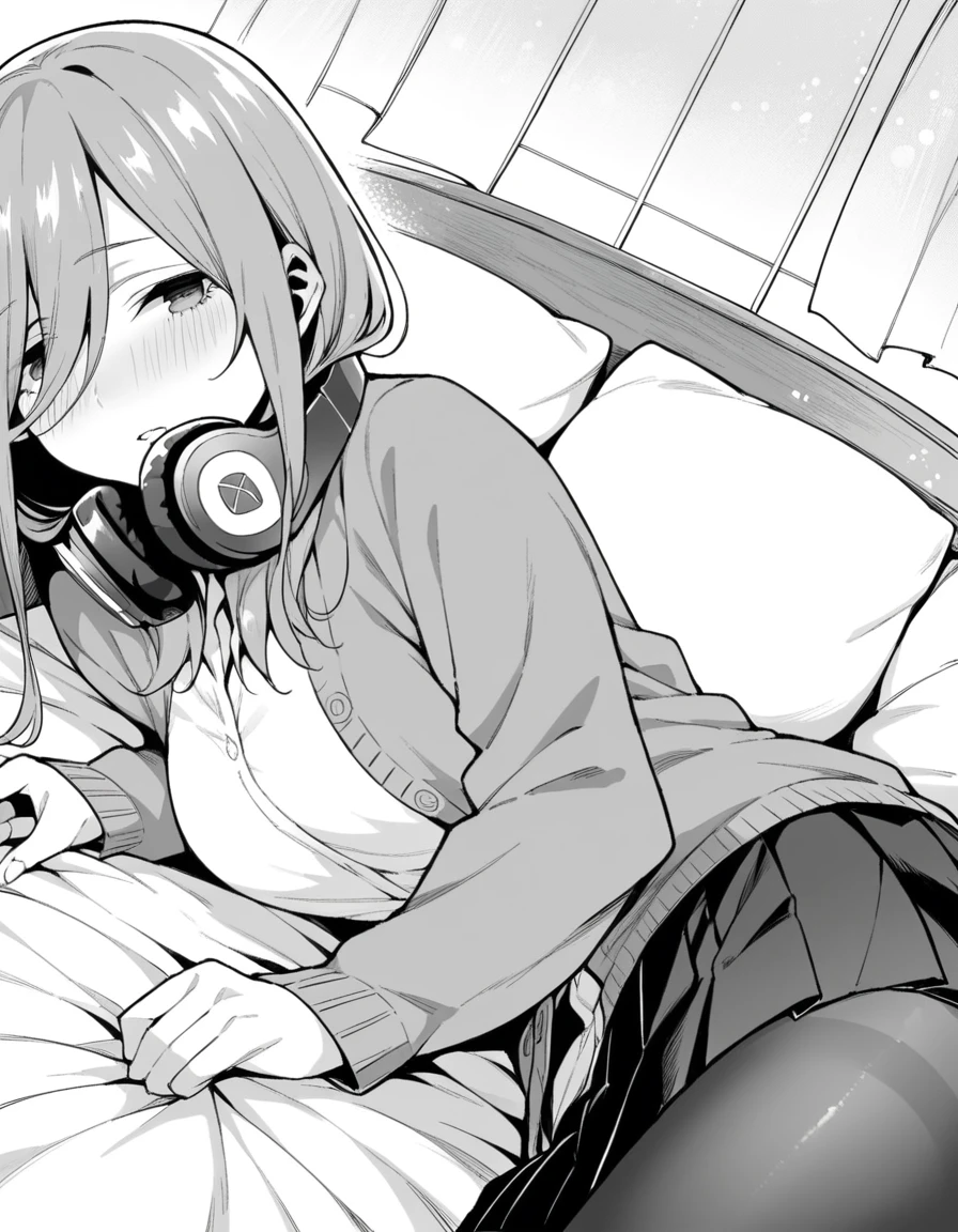 score_9, score_8_up, score_7_up, source_anime,
mikunakano, <lora:miku-nakano-manga-ponyxl-lora-nochekaiser:1>,
miku nakano, long hair, bangs, shirt, hair between eyes, headphones, headphones around neck, monochrome, greyscale,
skirt, shirt, long sleeves, white shirt, pantyhose, pleated skirt, black pantyhose, cardigan,
indoors, bed, bed room, on side, blush, drunk,
looking at viewer, cowboy shot, dutch angle, solo, mature female,