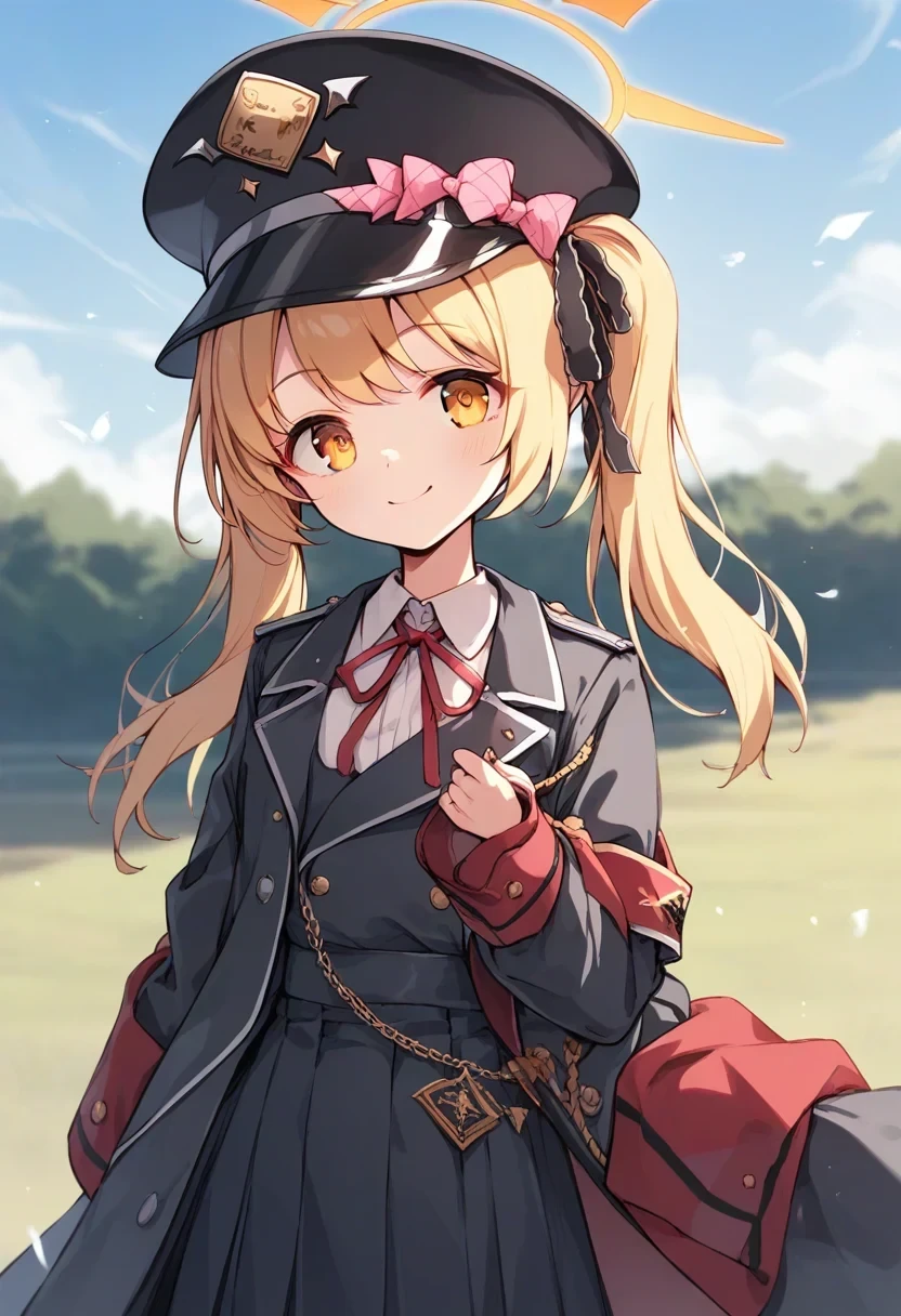 <lora:ibuki_xl_pony_v2:1>1girl, ibuki \(blue archive\), military uniform, hat, cowboy shot, halo, looking at viewer, upper body, smile, outdoors, day, source_anime, score_9, score_8_up