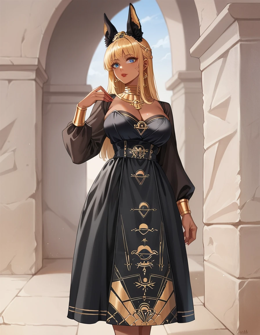 score_9, score_8_up, score_7_up, score_6_up, best quality, anime, 1girl, curvy, dark skin, long blonde hair, bangs, blue eyes,  large breasts, red lipstick, hhud_anubis_drss, black dress with gold detail, black animal ears, gold headdress, long sleeves, puffy sleeves, <lora:anubis_dress-000008:0.6>, standing, desert background