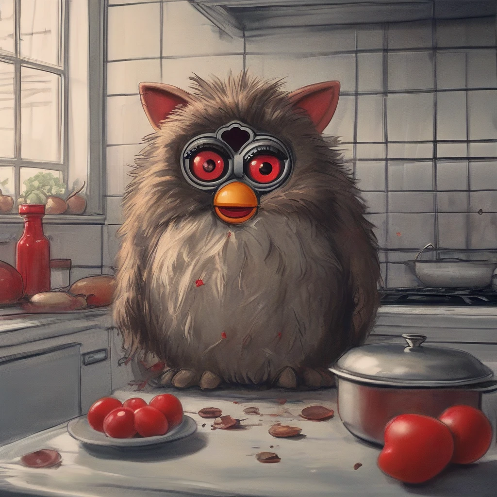 a furby toy  with red eyes in kitchen, wifu with large beasts, good contrast, old photo. concept art,  drab art, high detail <lora:A Furby Toy-000009:.5>