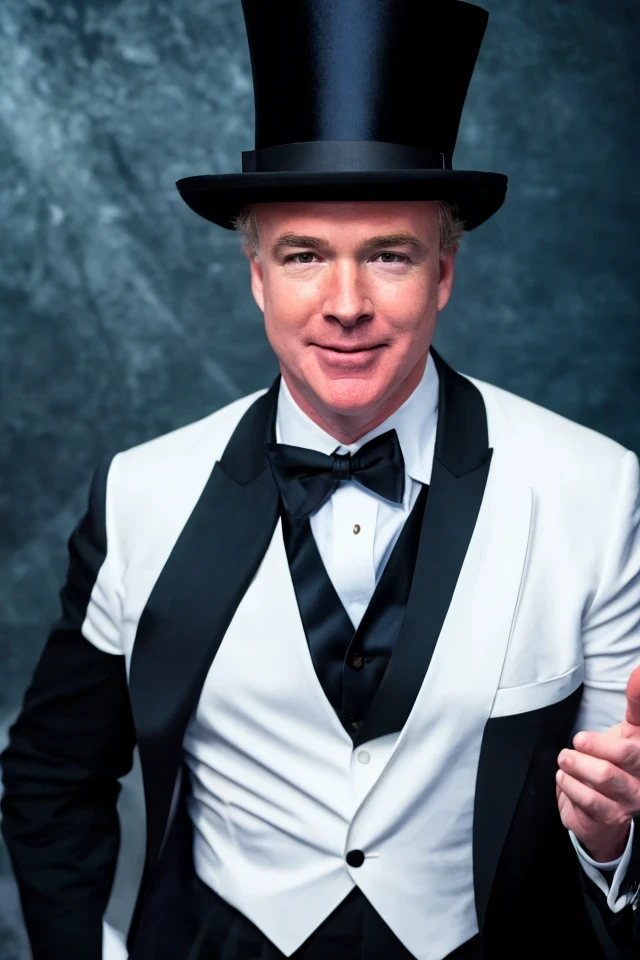 chris van hollen <lora:senate_040_chris_van_hollen:0.65> face closeup, face focus, shirt, formal, suit, collared shirt, white shirt, jacket,
Dressed in a magician's outfit with a top hat, standing in front of a stage, rabbit out of a hat,
best quality, masterpiece, HDR, professional, studio quality, highres,
