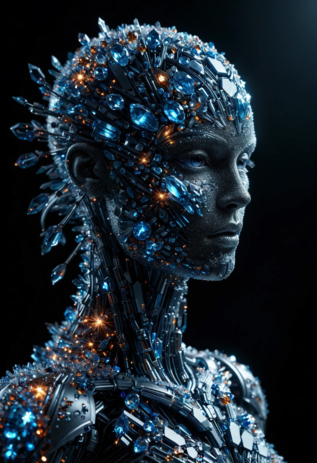 Ultra realistic robot android made of crystalz portrait, misty dark room.
BREAK
dark intense blue background, dark theme, dynamic lighting, (soft shadows), (soft focus), (photo realistic), extreme details, uhd, 8k <lora:crystalz-sdxl:0.7>