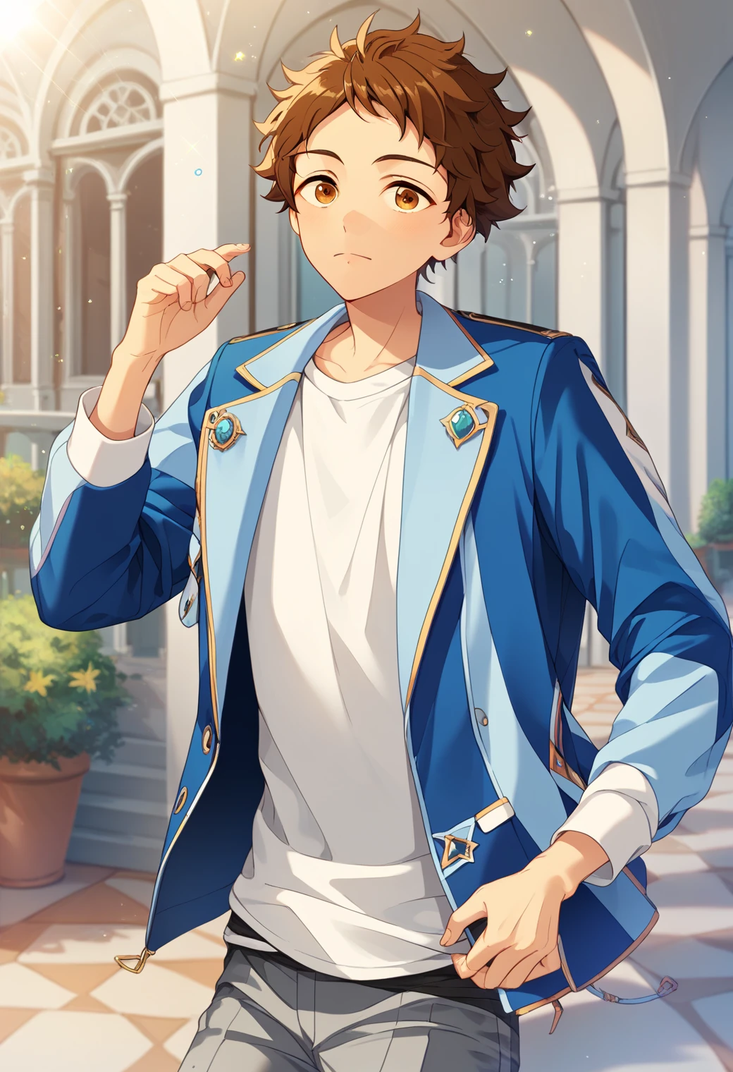 score_9, score_8_up, score_7_up, score_6_up, score_5_up, score_4_up, best quality, amazing quality, best aesthetic, absurdres, solo, mitsuru tenma, brown hair, brown eyes, blue and white jacket, white shirt, gray velt, gray pants<lora:EMS-356239-EMS:1.000000>