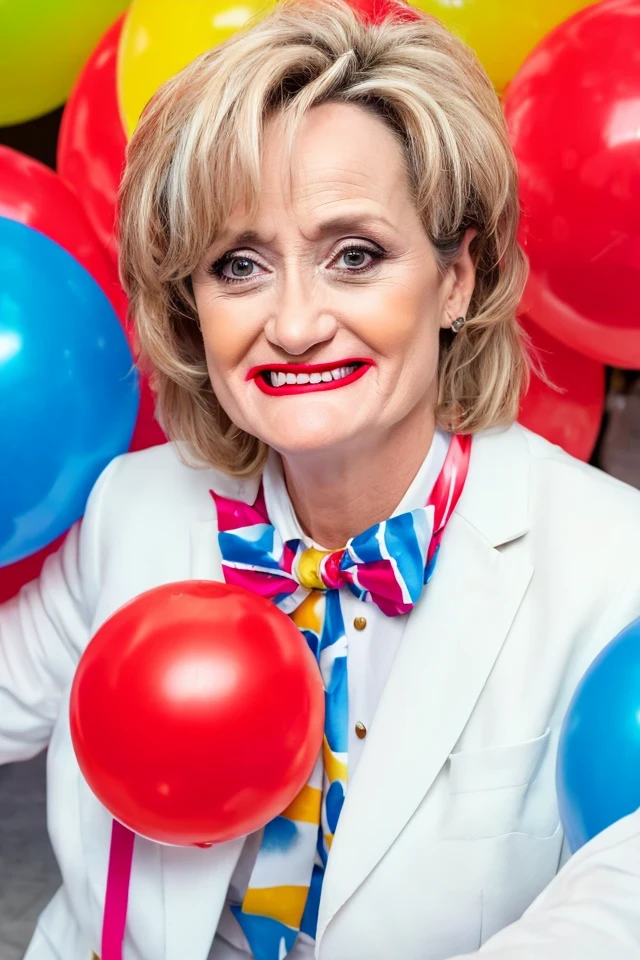 cindy hyde-smith <lora:senate_048_cindy_hyde-smith:0.65> , face closeup, face focus, shirt, formal, suit, collared shirt, white shirt, jacket,
Dressed in full clown regalia, with a red nose, oversized shoes, and rainbow suspenders, juggling several large balls,
best quality, masterpiece, HDR, professional, studio quality, highres,