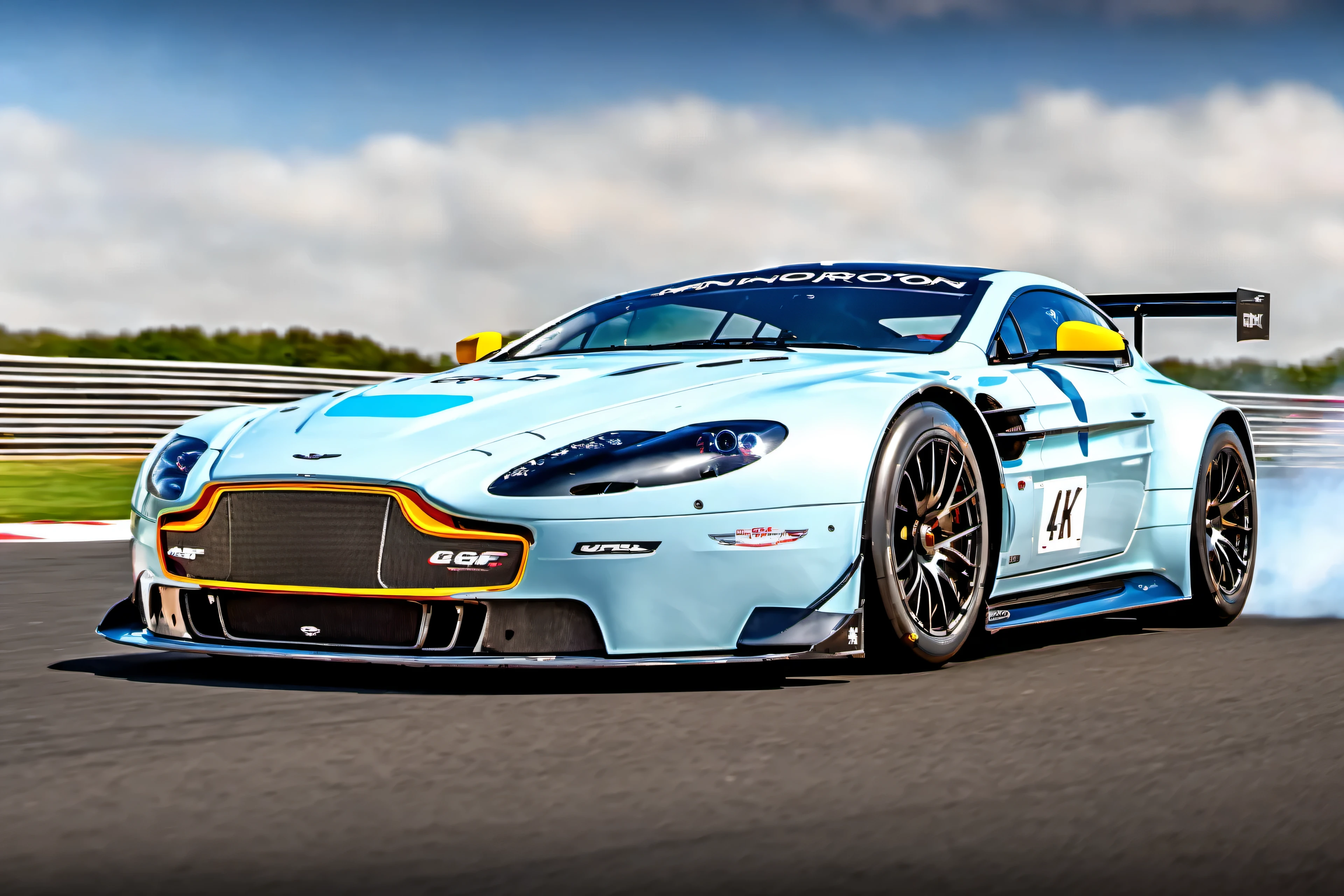 masterpiece, best quality, aston martin, V8 Vantage GT2, race track, in motion, UHD, HDR, 4k, ray tracing