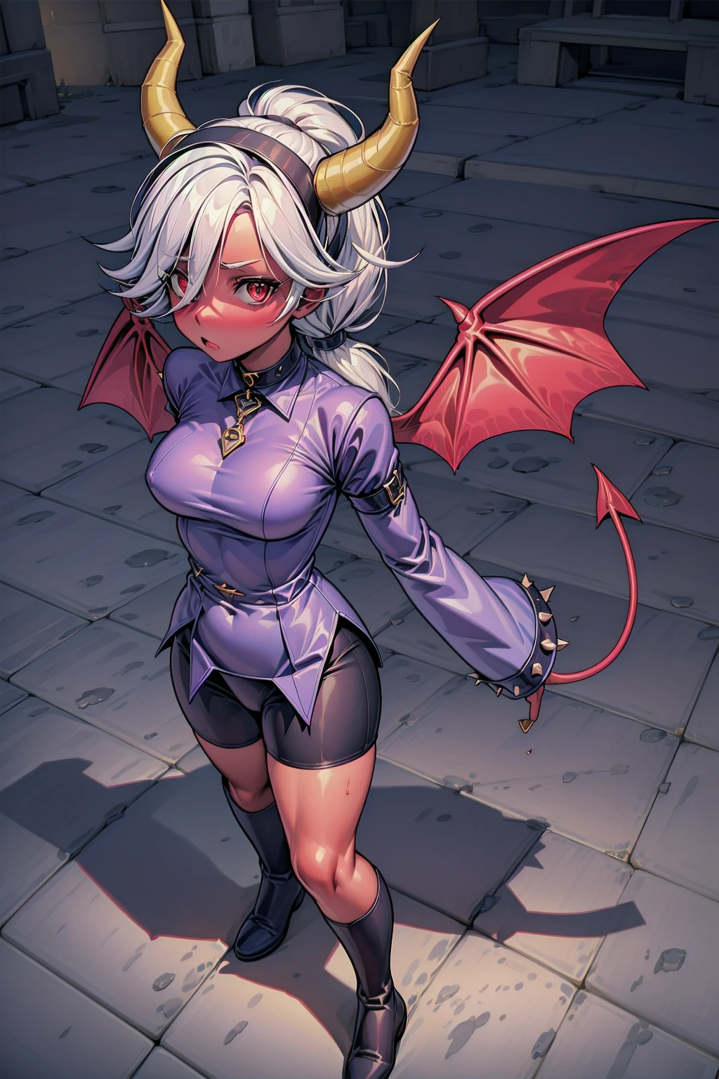 (masterpiece, best quality), trixie colette, 1girl, solo, demon girl, (colored skin, red skin, red eyes, colored sclera, yellow sclera:1.3), short hair, (ponytail:1.2), white hair, hair over one eye, demon tail, demon horns, demon wings, medium breasts, hairband, choker, shirt, arm belt, spikes, long sleeves, sleeves past fingers, sleeves past wrists, shorts, <lora:Trixie_Colette__Brawl_Stars_V1.5:0.7>, from above