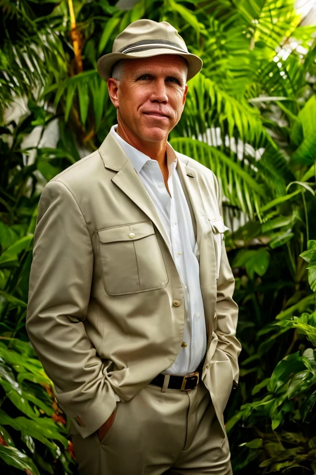 thom tillis <lora:senate_065_thom_tillis:0.65> , face closeup, face focus, shirt, formal, suit, collared shirt, white shirt, jacket,
Wearing a safari outfit with pith helmet, standing in a jungle setting,
best quality, masterpiece, HDR, professional, studio quality, highres,