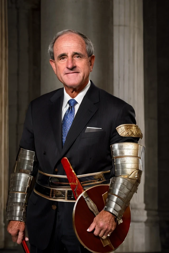 jim risch <lora:senate_024_jim_risch:0.65> , face closeup, face focus, shirt, formal, suit, collared shirt, white shirt, jacket,
Wearing gladiator armor, standing in a Roman-style coliseum, holding a sword and shield with the Senate emblem on it,
best quality, masterpiece, HDR, professional, studio quality, highres,
