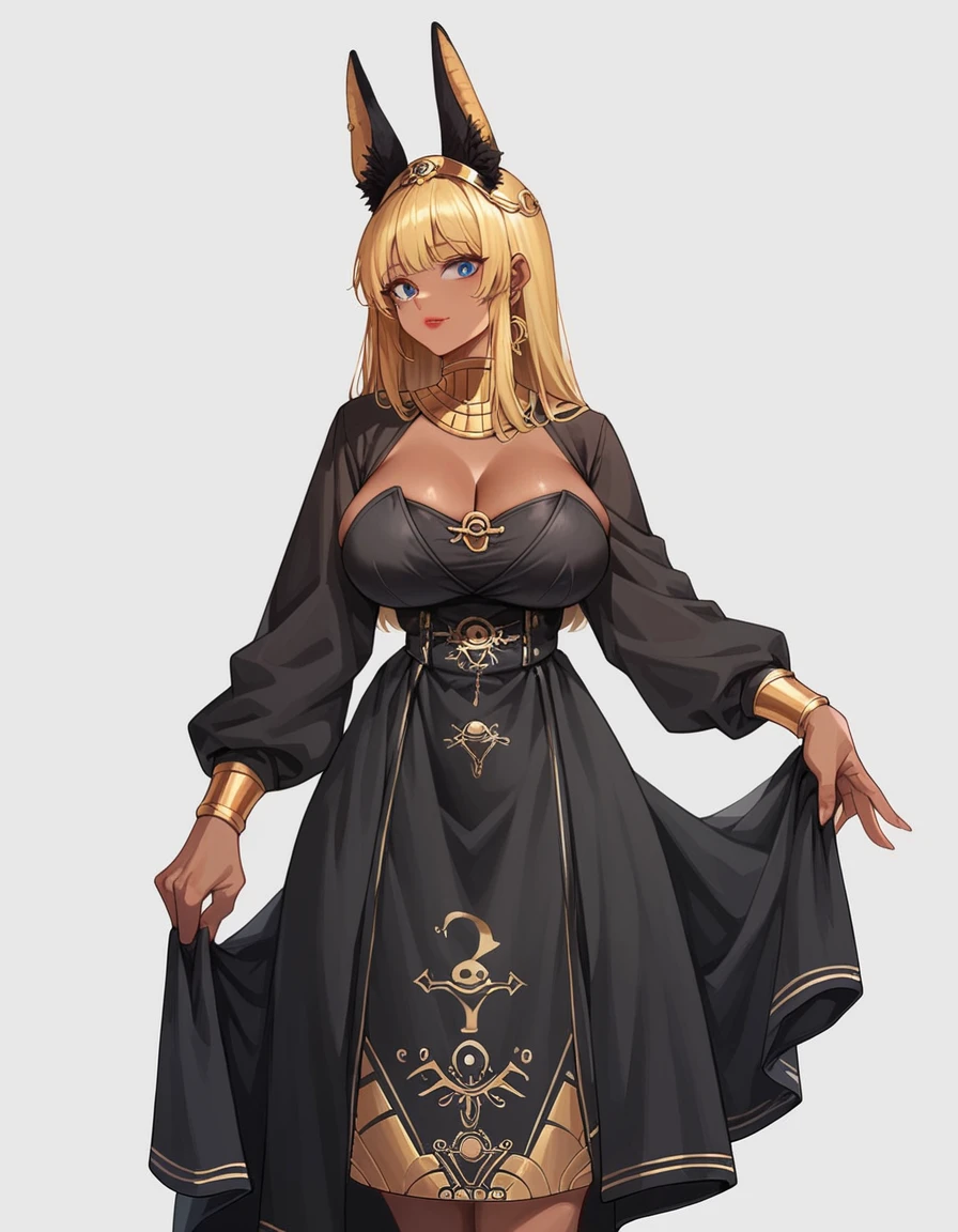 score_9, score_8_up, score_7_up, score_6_up, best quality, anime, 1girl, curvy, dark skin, long blonde hair, bangs, blue eyes,  large breasts, red lipstick, hhud_anubis_drss, black dress with gold detail, black animal ears, gold headdress, long sleeves, puffy sleeves, <lora:anubis_dress-000008:0.6>, standing, desert background