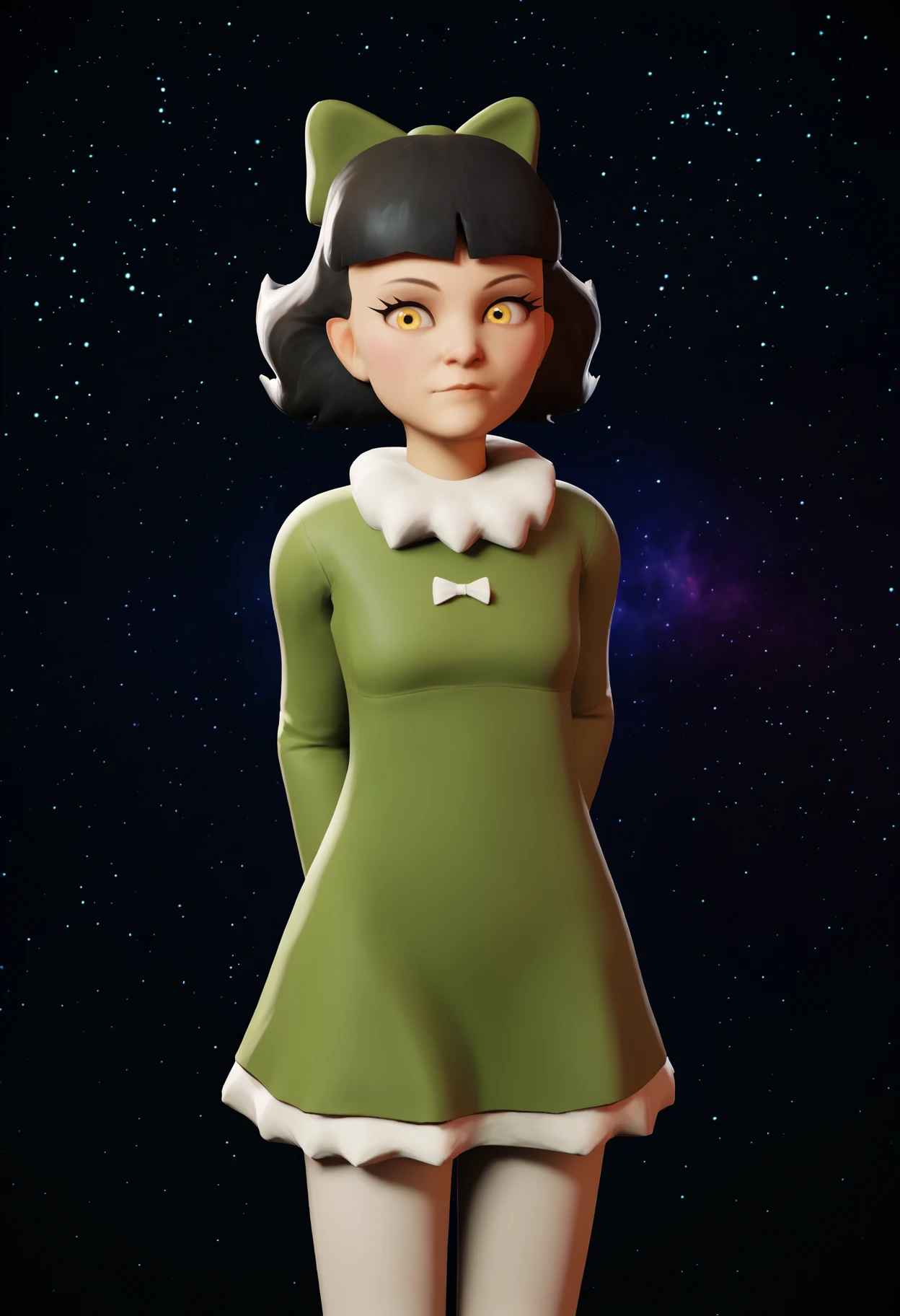 score_9, score_8_up, score_7_up, uncensored BREAK
blender,3D BREAK
1girl, oliviamann, black hair, bangs, short hair, yellow eyes, hair bow,
green dress, long sleeves, white pantyhose,
hands behind back, looking at viewer,
dark background, simple background, particles, bokeh,
black background,starry background,galaxy background,dark,contrast
<lora:Randommaxx_dark_offset_v1.1_lora_fp16:1>
<lora:fugtrup-guy-PONYv101:1> <lora:OliviaMannXL:1>