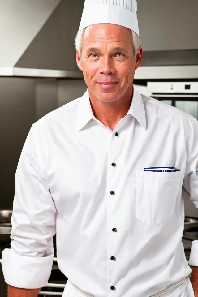 ron johnson <lora:senate_097_ron_johnson:0.65> , face closeup, face focus, shirt, formal, suit, collared shirt, white shirt, jacket,
wearing a chef hat and apron, with a kitchen in the background,
best quality, masterpiece, HDR, professional, studio quality, highres,