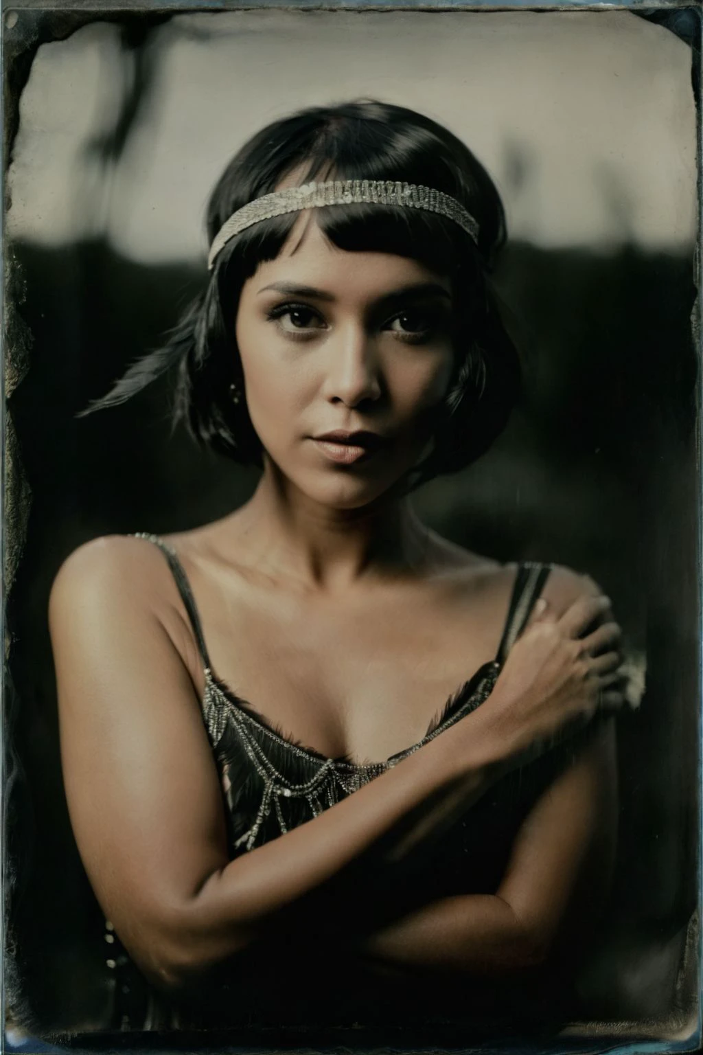 monochrome (wetplatecollodion:1.2),
a latin woman wearing flapper outfit,
elegant, elbows out, silhouette, nature,
selective focus
<lora:fix_hands:1>
<lora:Wet Plate Collodion_SDXLBase-V2:0.9>