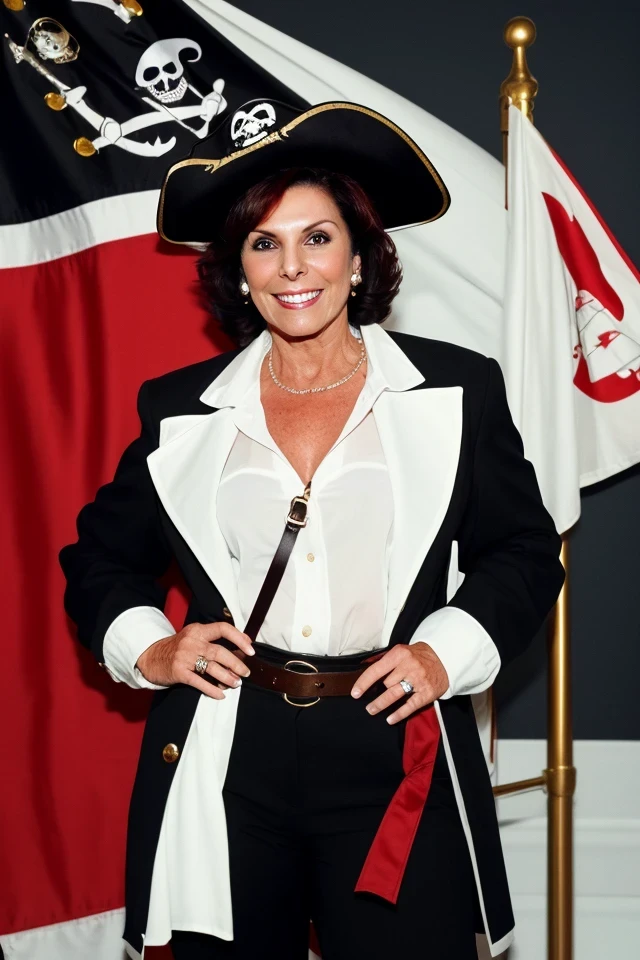 jacky rosen <lora:senate_056_jacky_rosen:0.65> , face closeup, face focus, shirt, formal, suit, collared shirt, white shirt, jacket,
Clad in a pirate outfit with an eyepatch, standing on a pirate ship with a Jolly Roger flag in the background, "Treasury Hunt",
best quality, masterpiece, HDR, professional, studio quality, highres,