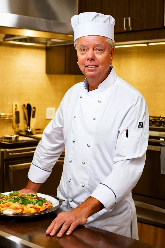 lindsey graham <lora:senate_079_lindsey_graham:0.65> , face closeup, face focus, shirt, formal, suit, collared shirt, white shirt, jacket,
wearing a chef hat and apron, with a kitchen in the background,
best quality, masterpiece, HDR, professional, studio quality, highres,