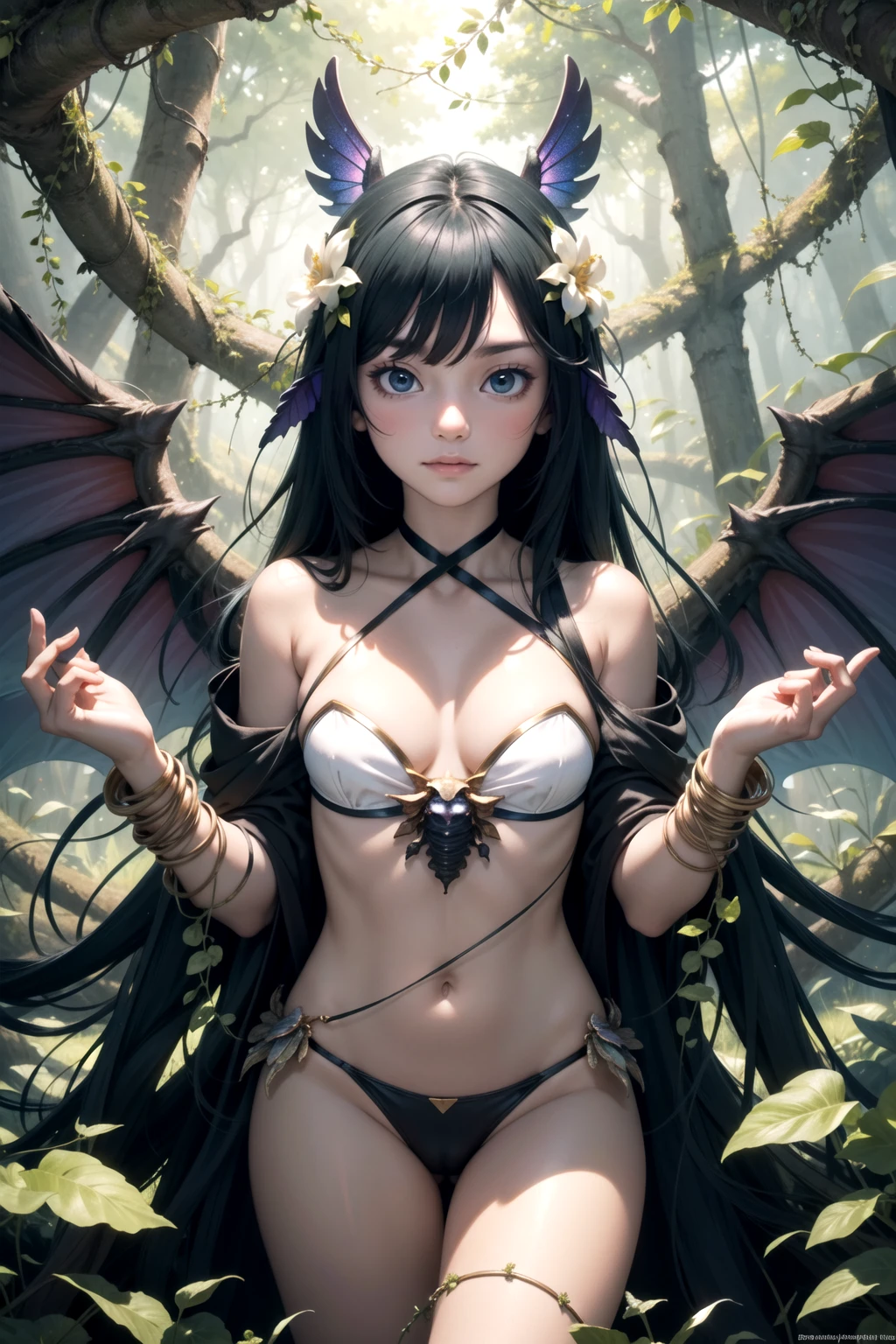 masterpiece, best quality, ultra detailed, anime style, within a mystical forest, a monster girl with wings made of iridescent beetle shells hovers above a clearing. Her powers over nature create a surreal scene as flowers bloom and vines twist at her command