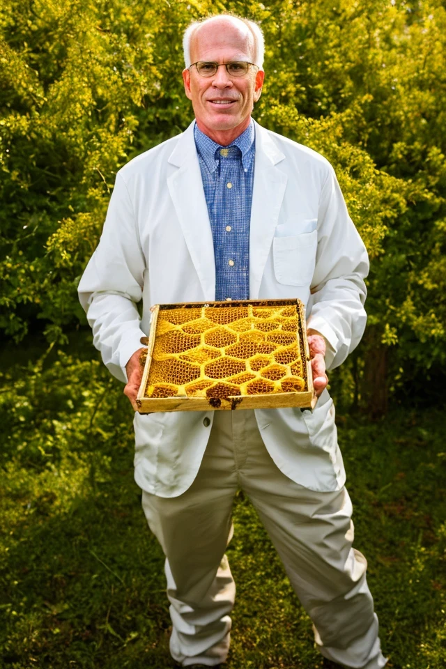 peter welch <lora:senate_090_peter_welch:0.65> , face closeup, face focus, shirt, formal, suit, collared shirt, white shirt, jacket,
Wearing a beekeeper suit, standing in an apiary with bee hives around, holding a giant honeycomb, "Honey Pot Funds",
best quality, masterpiece, HDR, professional, studio quality, highres,