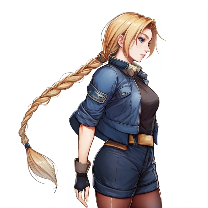 cowboy shot, solo, <lora:mirageKoas:0.7>, mirage_koas, blonde hair, long hair, braid, single braid, braided ponytail, parted bangs, blue eyes, jacket, open jacket, shirt, high collar, belt, fingerless gloves, wristbands, shorts, pantyhose, simple background, (side profile:1.1), from side, highres, Digital art, trending on artstation, best quality, insanely detailed, masterpiece, stunning environment, wide-angle,